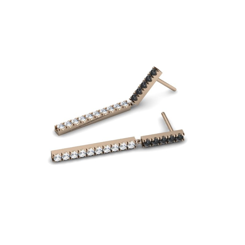 Aretes pendientes de oro rosado 18k con diamantes negros y salt-pepper, vista superior. Joyería de autor, hecho en Colombia por Mariana Shuk.