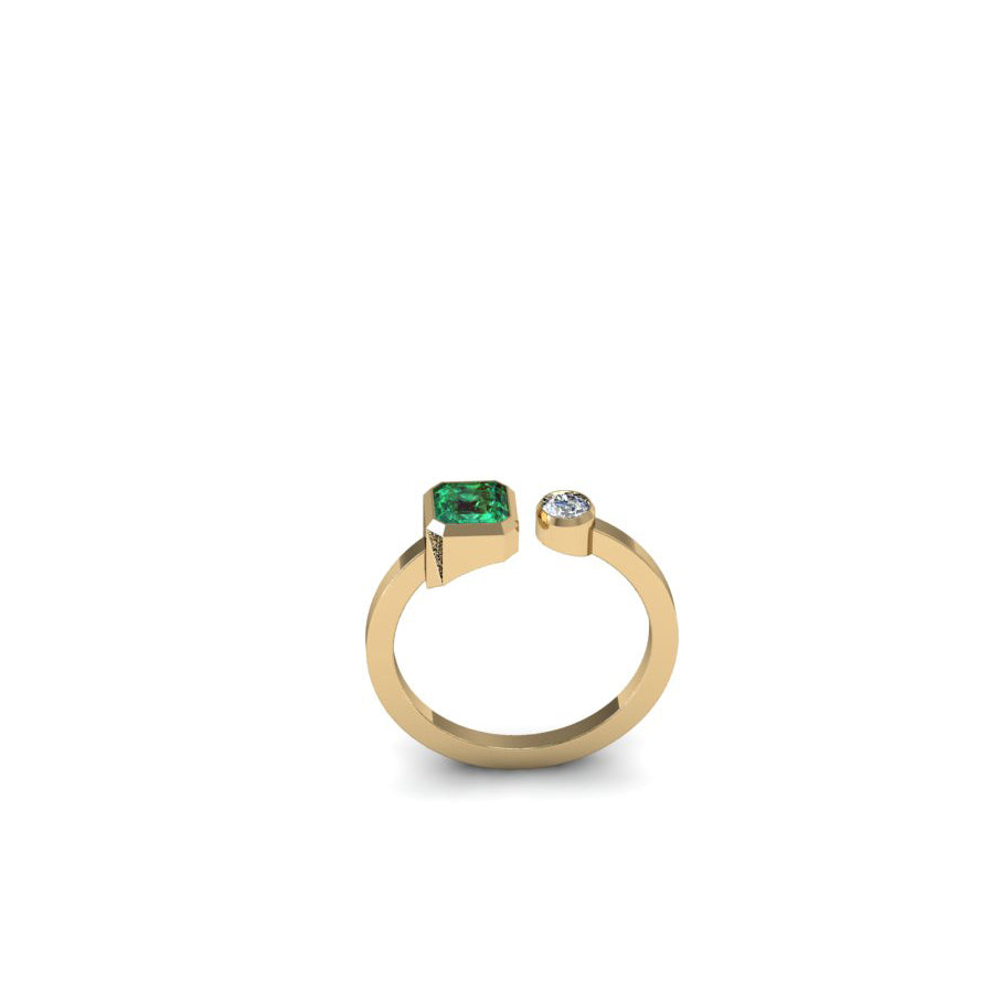 Anillo balance en oro amarillo 18k con esmeralda colombiana octagon de 0.50 ct y diamante GH-VS de 0.11 ct, vista centrado, alta joyería hecha a mano en Colombia.