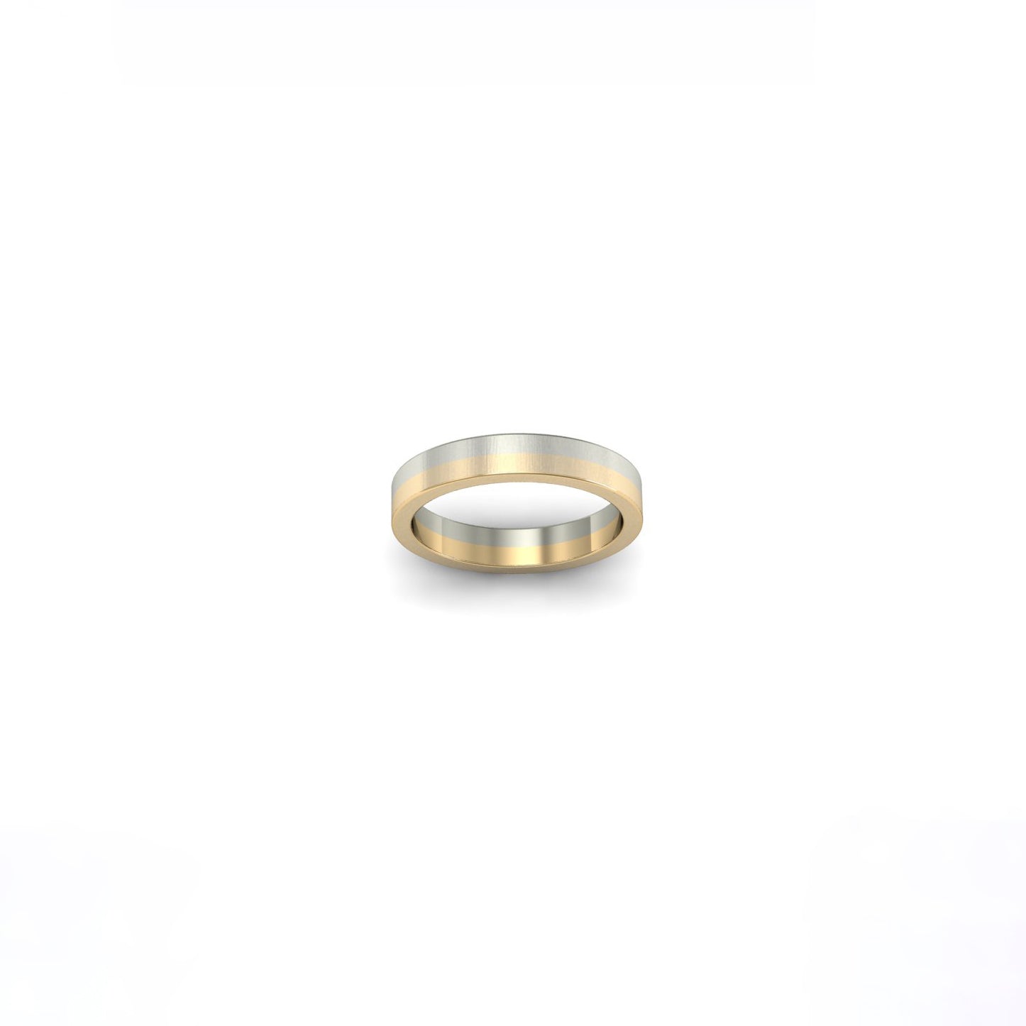 Argolla de matrimonio en oro amarillo y blanco 18k, vista frontal, alta joyería de autor hecha a mano en Colombia.