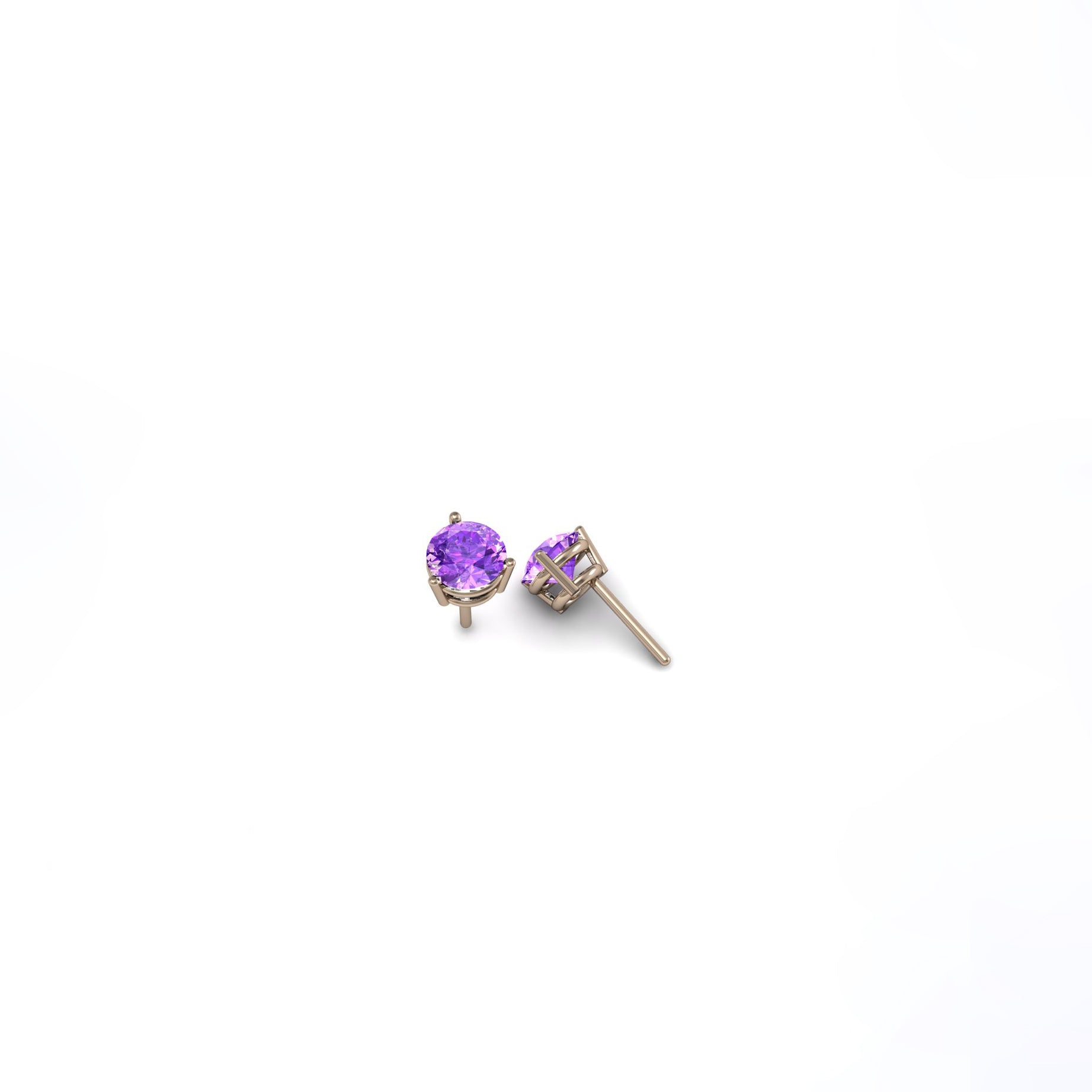 Aretes topos de oro rosado 18k con amatistas redondas de 6mm calidad AA, vista frontal. Joyería de autor, hecho en Colombia por Mariana Shuk.