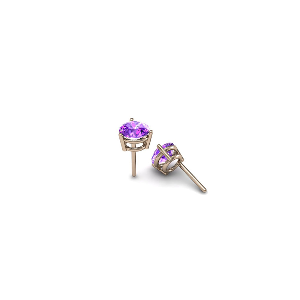 Aretes topos de oro rosado 18k con amatistas redondas de 6mm calidad AA, vista superior. Joyería de autor, hecho en Colombia por Mariana Shuk.