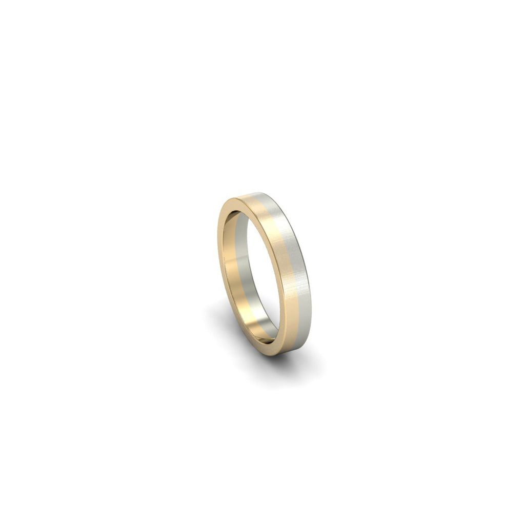 Argolla de matrimonio en oro amarillo y blanco 18k, vista lateral izquierda, alta joyería de autor hecha a mano en Colombia.