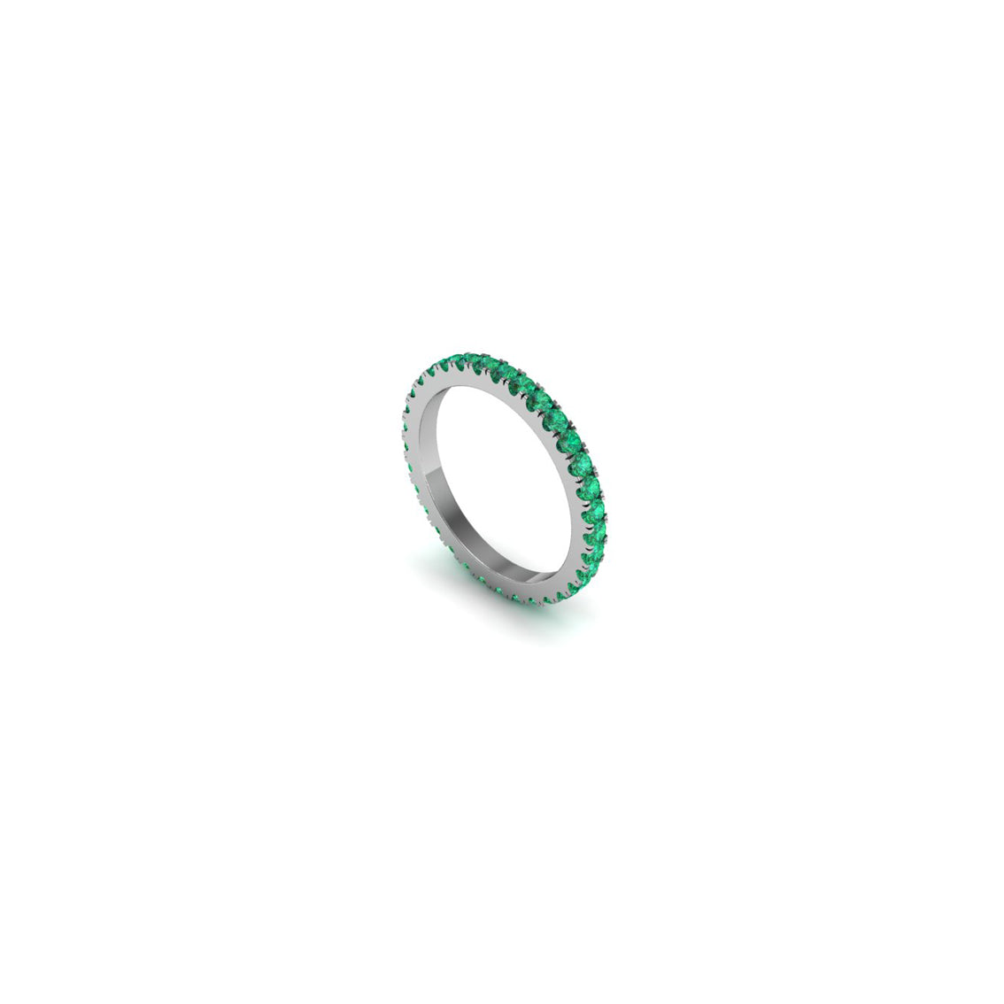 Argolla de matrimonio en oro blanco 18k con esmeraldas colombianas de 1.9 mm (0.84 ct), vista lateral izquierda, alta joyería de autor hecha a mano en Colombia.