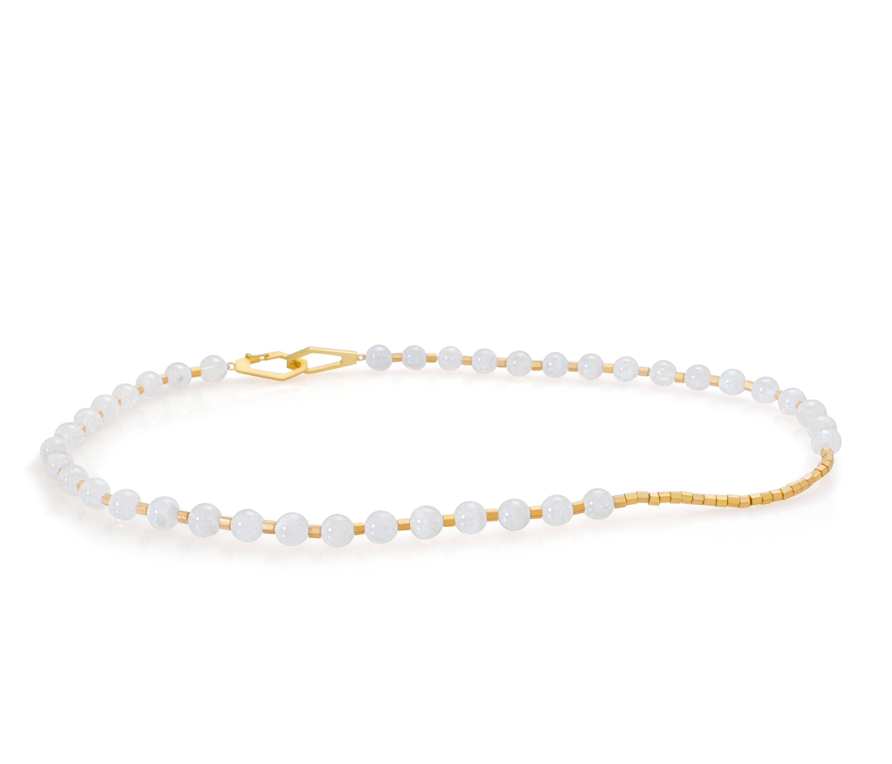 Collar con cuentas de piedra luna lisas de 6mm, proche en plata 925 y enchape de oro