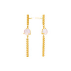 Pendientes móviles con taches y piedra luna lavanda, foto frontal. Joyería de autor, hecho en Colombia por Mariana Shuk.