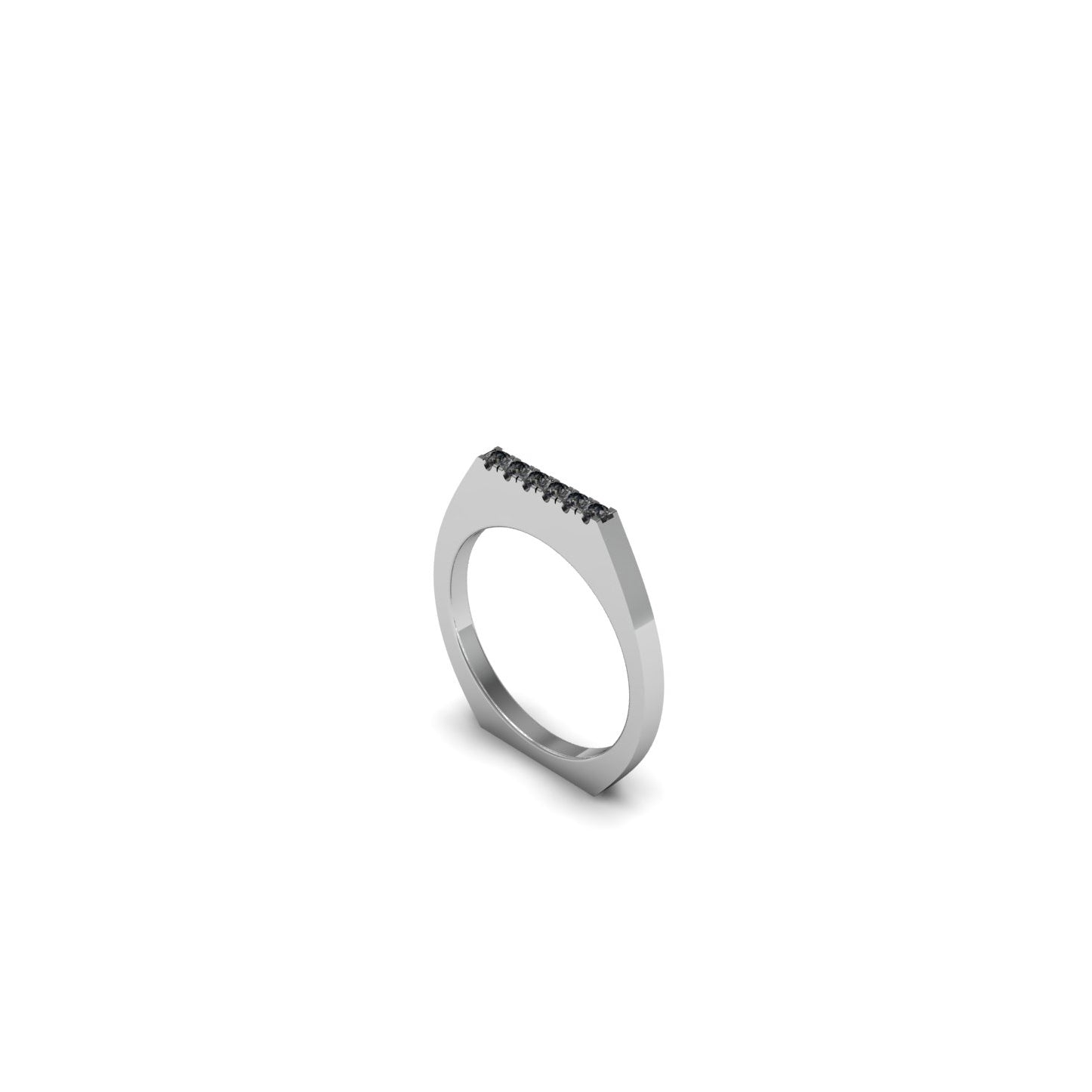 Anillo plano arriba diamantes negros en plata, foto con vista lateral. Joyería de autor contemporánea con brillo oscuro. Diseños exclusivos, hecho en Colombia por Mariana Shuk.