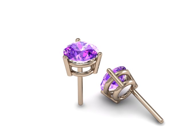 Aretes topos de oro rosado 18k con amatistas redondas de 6mm calidad AA, vista lateral. Joyería de autor, hecho en Colombia por Mariana Shuk.